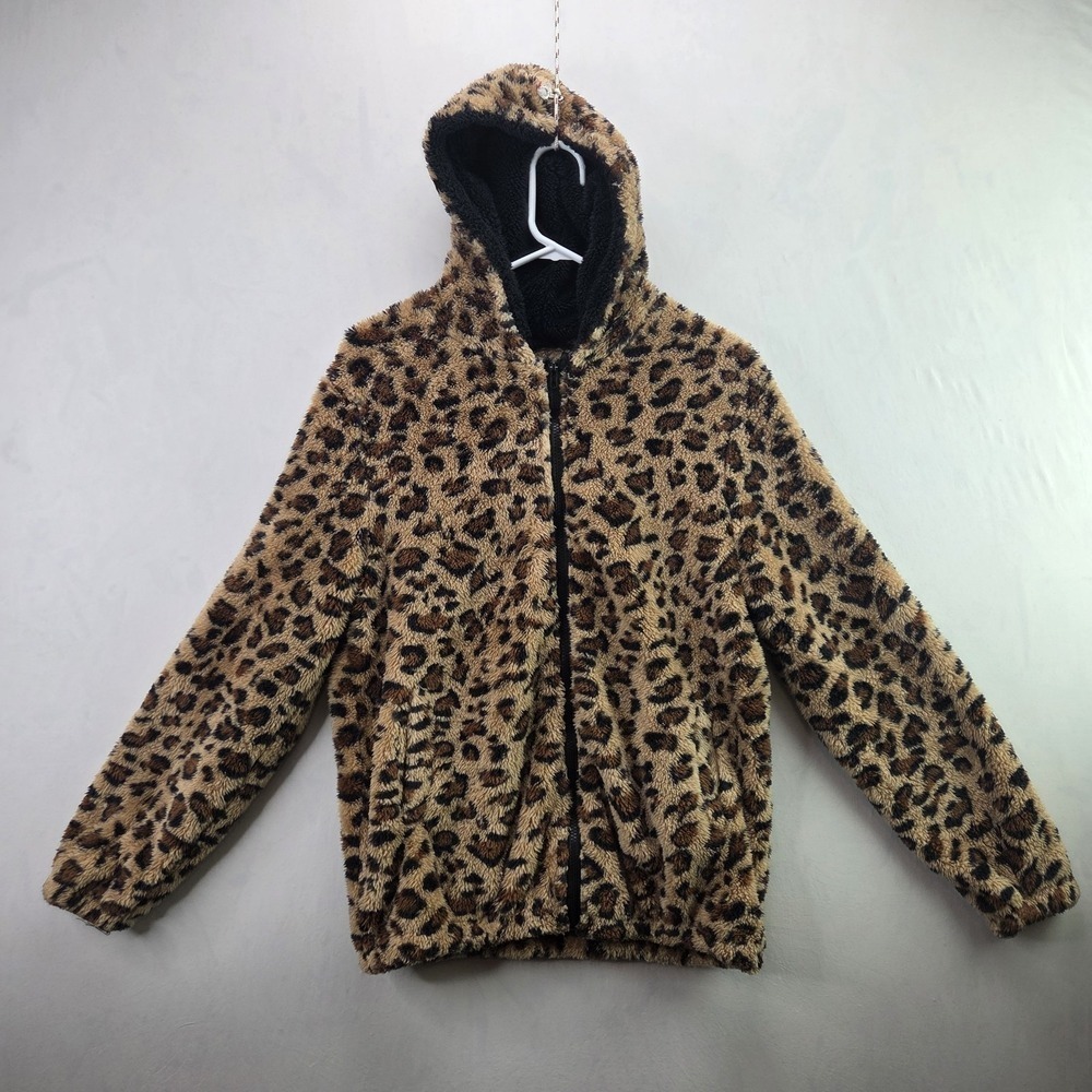 Leopard Print Sherpa Jacket Womens Medium Hooded Fleece Zip Up Cozy Soft